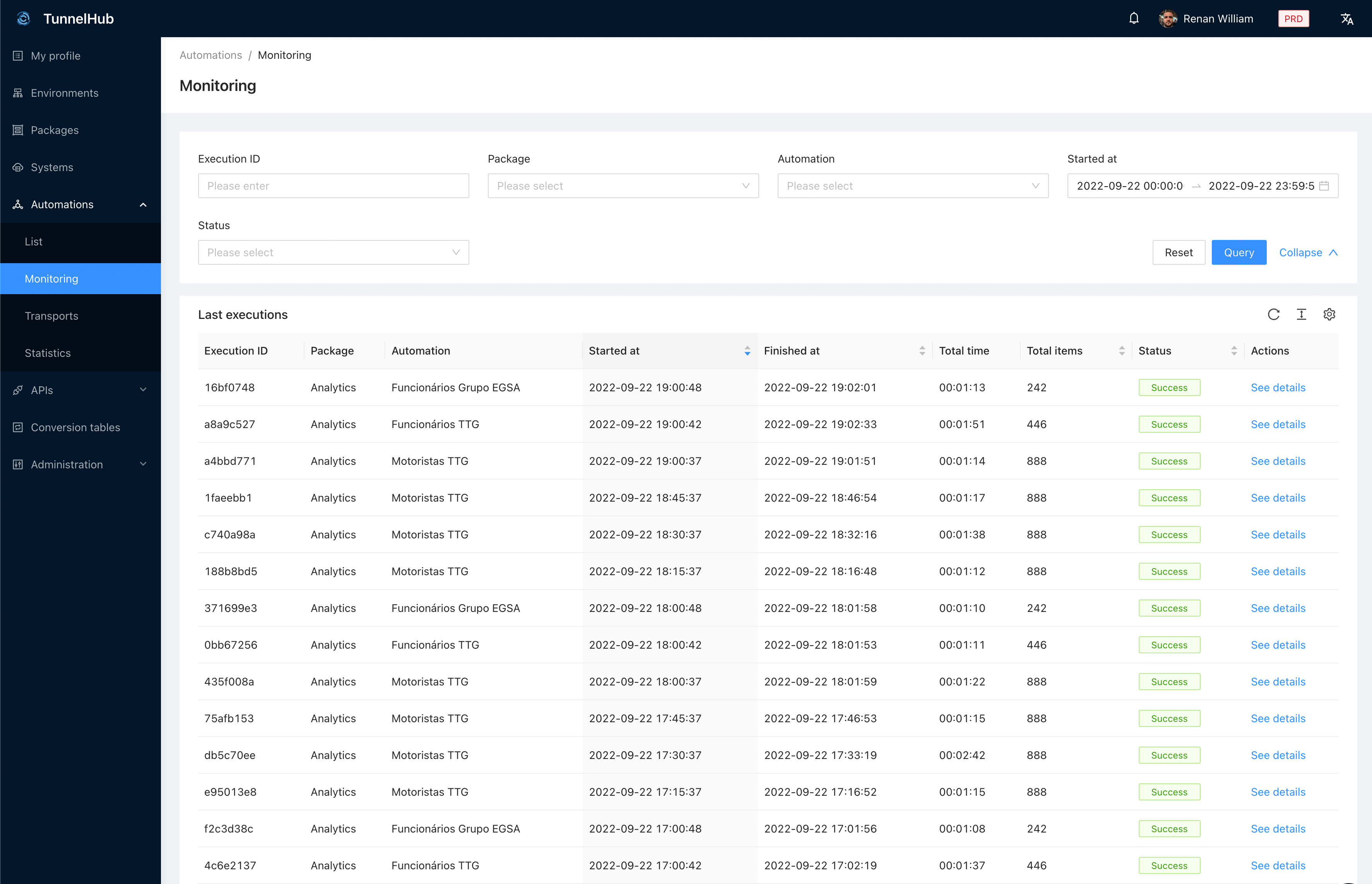 Tela de monitoramento do TunnelHub com integrações e status de execução
